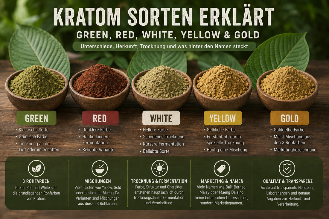 Kratom Sorten erklärt – Unterschiede zwischen Green, Red, White, Yellow und Gold Kratom